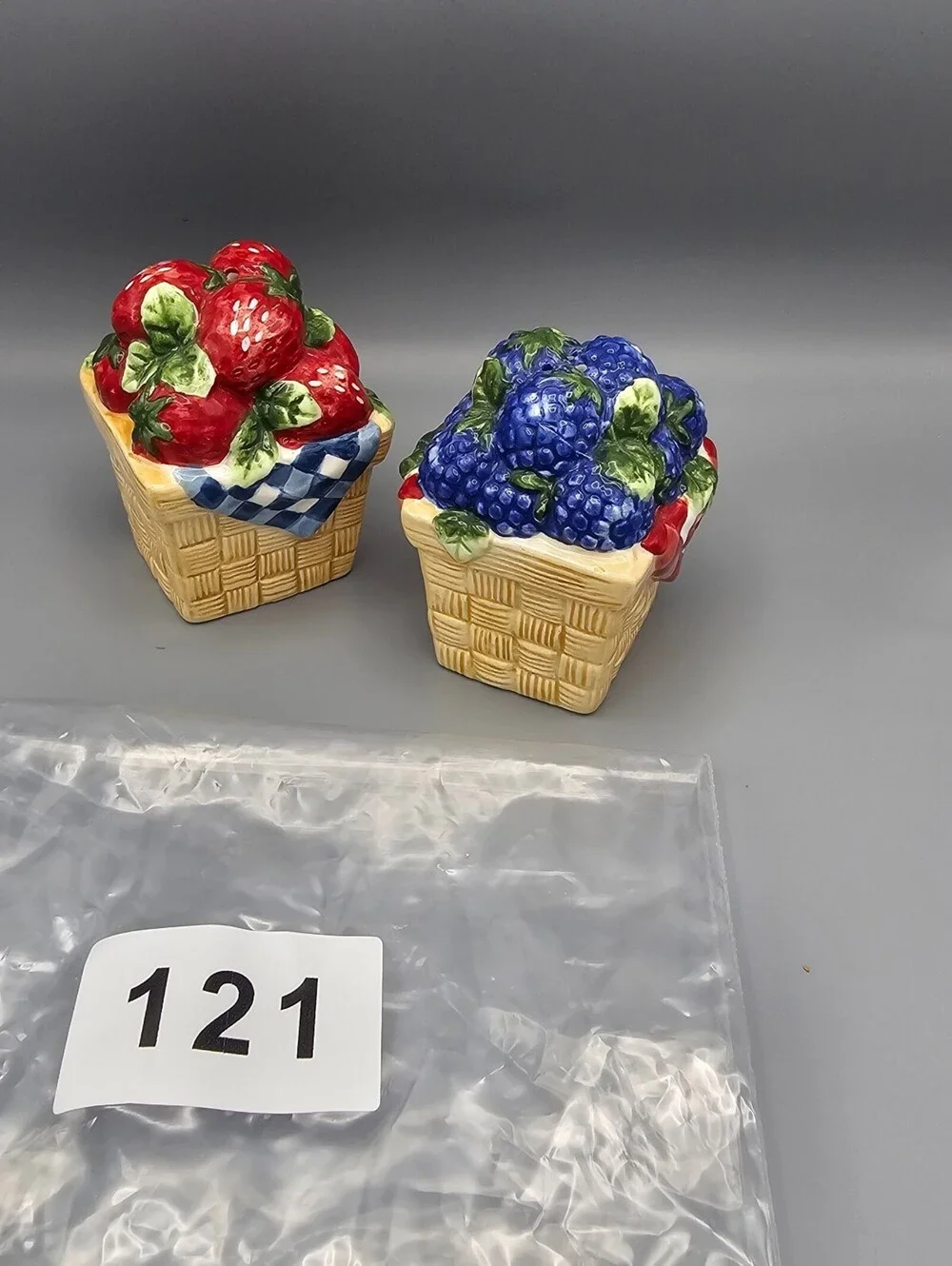 Ceramic Strawberry and Blueberry Basket Salt and Pepper Shakers